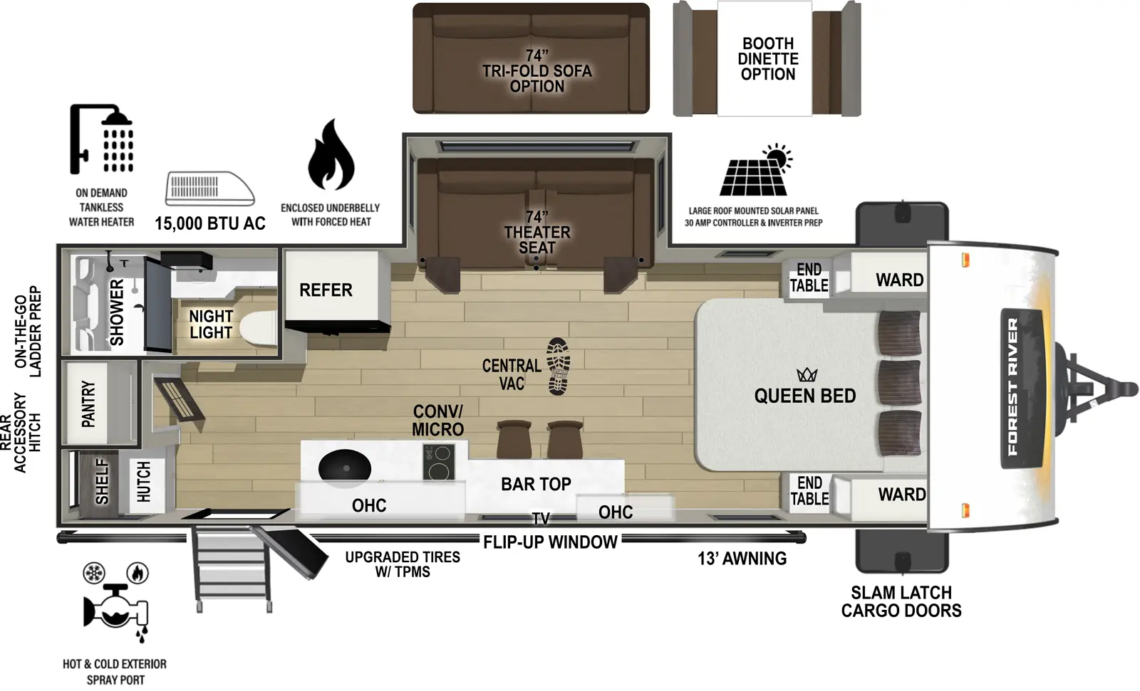 The r-pod RP-206 floorplan has one entry and one slide out. Exterior features include: fiberglass exterior and 13' awning. Interiors features include: front bedroom.